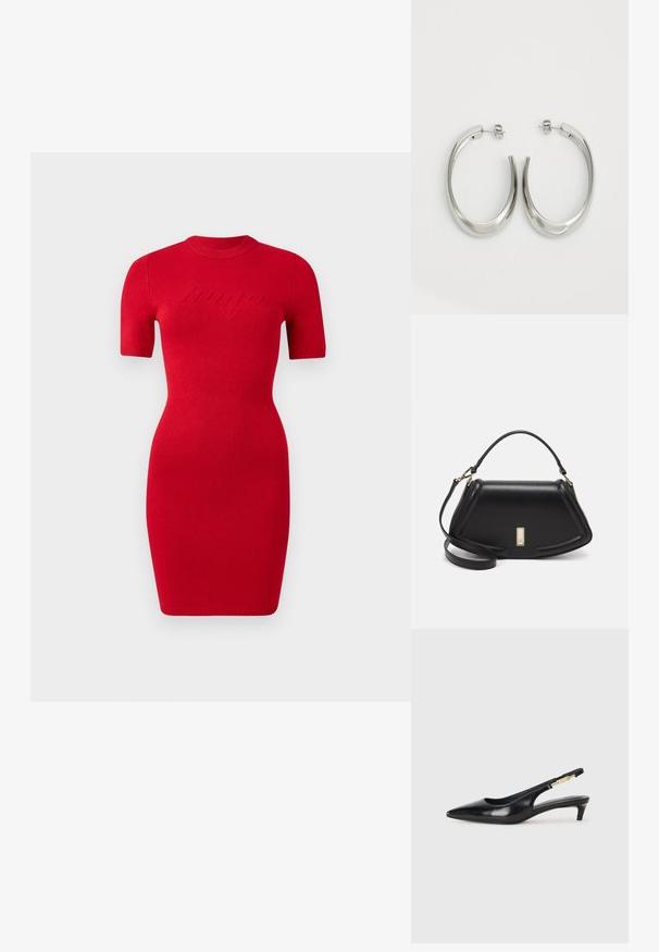 Crvena pletena haljina s kratkim rukavima, uskog kroja i okruglim izrezom. Ima uzdignuti tekst "bango" na prednjoj strani.; Crne kožne sandale s petom, s izduženim vrhom, imaju usku petu i zlatni akcent na podesivoj traci. Glatka tekstura.; Crna kožna torba s strukturiranim dizajnom, s krojenim oblikom, gornjom drškom i zlatnim detaljima. Uključena je podesiva ramena traka.; Srebrne kružne naušnice s glatkim, zakrivljenim dizajnom. Imaju sjajnu metalnu završnu obradu i kopču na tipku. Nema vidljivih uzoraka ili ukrasa.