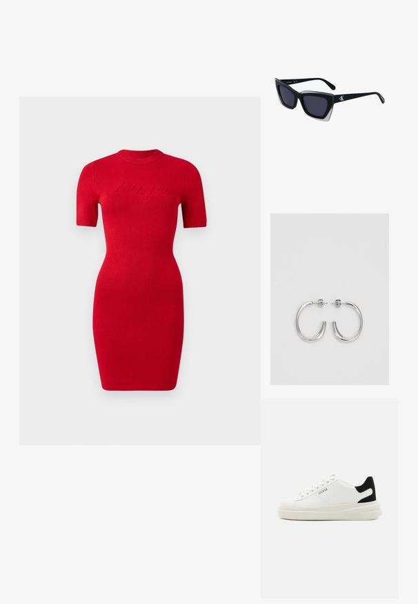 Rotes gestricktes Kleid mit kurzen Ärmeln, enganliegendem Schnitt und rundem Ausschnitt. Mit erhabenem "bango"-Textdetail auf der Vorderseite.; Weiße Leder-Sneaker mit einer dicken weißen Sohle, schwarzem Wildlederakzent an der Ferse und geprägtem Logo an der Seite. Schnürdesign mit sechs Ösen.; Schwarze übergroße Sonnenbrille mit geometrischer Form, ausgestattet mit dunklen Gläsern und einem kontrastierenden grauen Detail im Rahmen. Logo am Bügel.; Silberne Creolen mit einer glatten, glänzenden Oberfläche. Abgerundete Form, leichtes Design, mit einer Steckverschluss.