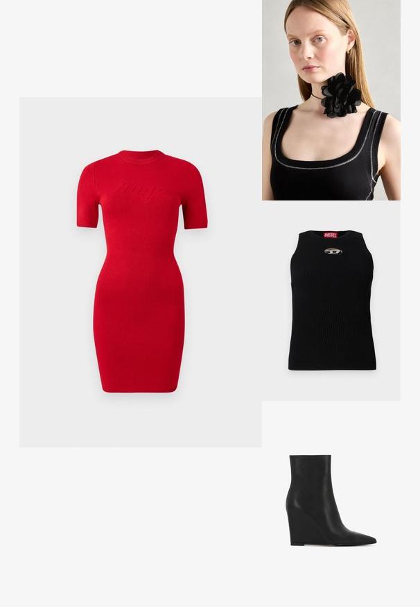 Červené pletené šaty s krátkymi rukávmi, priliehavý strih a okrúhly výstrih. Na prednej strane sa nachádza zvýraznený text "bango".; Čierny rebrovaný tielko s okrúhlym výstrihom, s strieborným logom Diesel v strede. Tkanina je textúrovaná a priliehajúca.; Čierne klínové ankel topánky vyrobené z textúrovanej kože; majú špicatú špičku a hladký, elegantný dizajn s tvarovanou siluetou.; Čierny kvetinový náhrdelník s lístkami v vrstvenom prevedení, nosený s čiernym rebrovaným tielkom s striebornými akcentmi pozdĺž výstrihu a ramien.