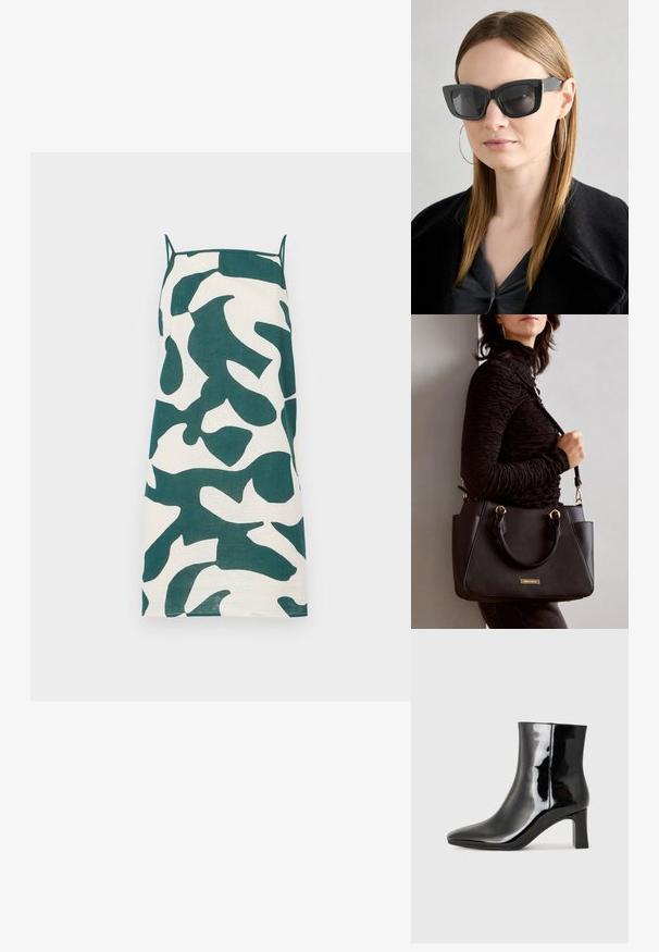 Vestido de tirantes en crema con patrón de camuflaje abstracto en verde. Presenta un corte recto y una tela ligera.; Botín de charol negro con punta afilada y un tacón de bloque de altura media. Textura suave y diseño minimalista.; Gafas de sol de gato negro con lentes oscuros, montura gruesa y acentos sutiles. Llevadas con un abrigo negro y una blusa gris, presentando cabello largo y liso.; Bolso negro con superficie texturizada, doble asa superior y correa para hombro ajustable. Presenta herrajes en tono dorado y bolsillos laterales.