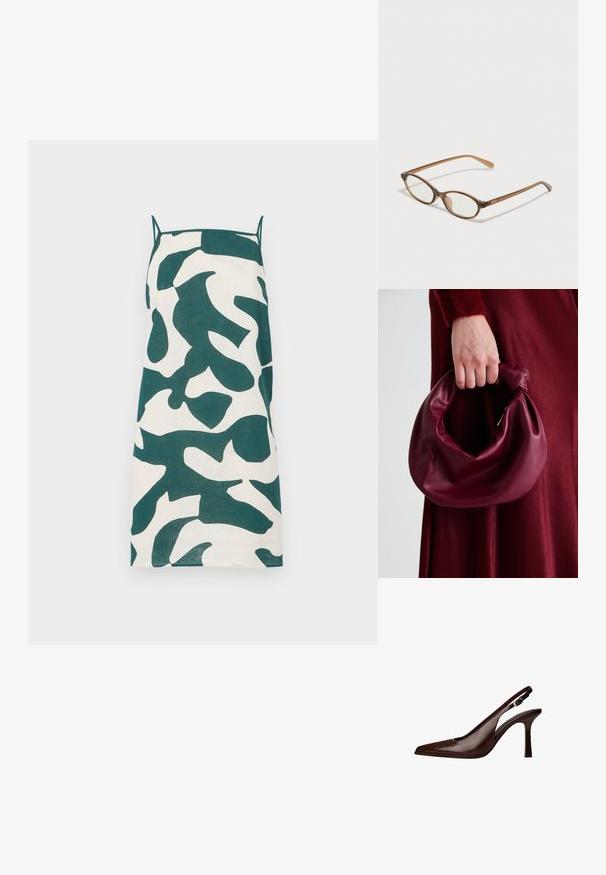 Rochie cu bretele spaghetti în crem, cu un model abstract de camuflaj verde. Prezintă o croială dreaptă și un material ușor.; Pantofii slingback din piele maro au vârful ascuțit și tocul subțire. Prezintă o mică cataramă de accent pe curea și un finisaj lucios.; Ochelari în nuanță de țestoasă maro, cu lentile ovale, brațe subțiri și accente transparente. Prezintă un logo subtil pe tâmplă. Design elegant și ușor.; Geantă de mână din piele burgundă, cu un design moale și pliat și o formă rotundă. Mânerele sunt securizate, evidențiind o textură netedă.