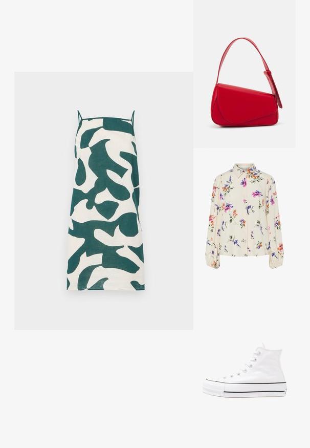 Šaty na tenké ramínka v krémové barvě s zeleným abstraktním maskovacím vzorem. Mají rovný střih a lehkou tkaninu.; Květnatá blůza s dlouhými balónovými rukávy, světle krémové barvy, s fialovými, oranžovými a zelenými květinovými vzory a klasickým límečkem.; Bílé vysoké plátěné tenisky s černou gumovou podrážkou, přední gumovou špičkou a šesti očky na tkaničky, se čistým, minimalistickým designem.; Červená kožená kabelka s ostrým, geometrickým designem. Má jeden nastavitelný popruh a klopu s prošívanými detaily.