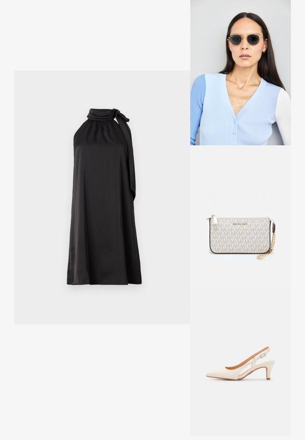 Fekete ujjatlan ruha sima anyagból, magas nyakkal és hosszú, bal oldalon megkötött masnival, laza A-vonalú siluettel.; Fehér slingback sarok, hegyes orral, sima felső anyaggal, alacsony blokk sarkával és oldalsó kivágott dizájnnal, állítható csatpánttal.; Kerek napszemüveg sötét lencsékkel és arany kerettel. A modellen világoskék, bordázott kardigán van gombokkal és kontrasztos fehér ujjaival.; Michael Kors bézs bevonatos vászon karkötő, amely ismétlődő MK logó mintával, aranyszínű fémrészletekkel és levehető lánchordóval rendelkezik.