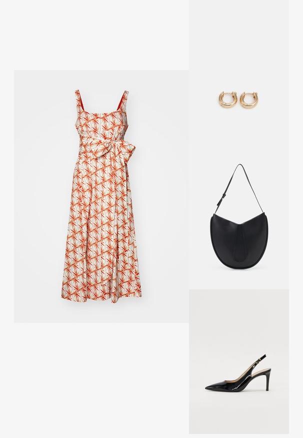 Rochie midi cu imprimeu floral în alb, cu modele de frunză de palmier roșii și verzi, bretele subțiri și un accent la talie cu curea pentru conturare.; Pantofi slingback din piele patent neagră, cu vârful ascuțit, tocul subțire și un design discret cu decupaj. Se evidențiază printr-un cataramă aurie pe curea.; THEMOIRè TIKE - Geantă de mână - black; Cercei din aur cu un finisaj lustruit, având un design circular gros și un mecanism de închidere sigur. Textură netedă și aspect strălucitor.