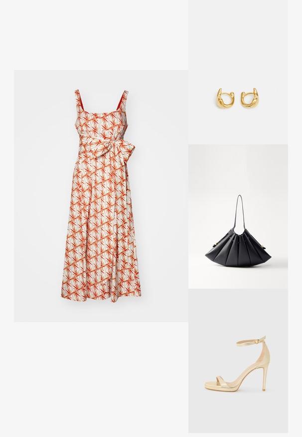 Kvetinová midi šaty v bielej farbe so vzormi červených a zelených palmových listov, tenkými ramienkami a opaskom na zvýraznenie pásu.; Zlaté metalické sandále na vysokom opätku s otvorenou špičkou, remienkom okolo členka so sponou a platformou pre väčšiu výšku. Hladký povrch.; Čierna skladaná kabelka vyrobená z hladkej kože, s jedným uchom, zlatými akcentmi a geometricky tvarovanou štruktúrou.; Zlaté kruhové náušnice s hladkým, zaobleným dizajnom a lesklým povrchom. Náušnice majú kompaktný, hrubý tvar a bezšvíkovú sponu.
