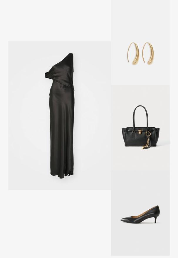 Fekete szatén ruha, amely egyvállas dizájnnal, redőzött textúrával és padlóig érő siluettel rendelkezik, díszítetlen szélekkel.; Fekete bőrpumpa hegyes orral, alacsony sarokkal és sima felülettel. Elöl enyhe nyílással rendelkezik, hátul pedig minimális részletezéssel.; Fekete bőr kézitáska dupla fogantyúkkal, aranyzárral és lánc részletekkel, fekete-fehér bojt kiegészítővel, fehér háttéren.; Aranyszínű fémből készült karika fülbevalók ívelt, hosszúkás formával. Simaságával és fényes felületével, valamint lekerekített végével további részletekkel bővül.