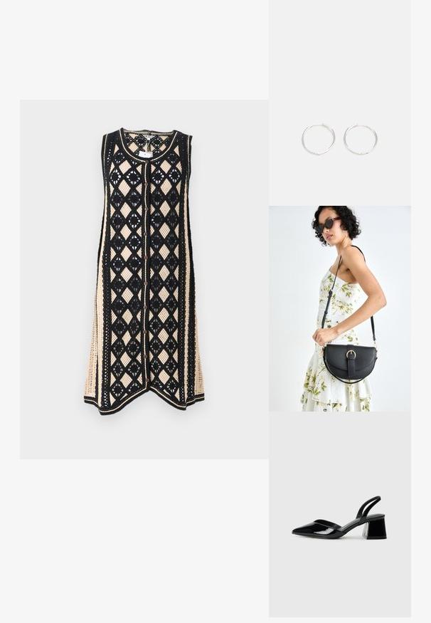 Vestido de punto sin mangas con un patrón de diamante; cuenta con malla negra con acentos beige y botones en la parte delantera. Los bordes están terminados con un ribete en contraste.; Zapatos de tacón slingback de charol negro con punta afilada y tacón geométrico en bloque. Presentan un diseño elegante y minimalista, así como una textura suave.; Bolso de piel negra con forma curva, correa desmontable y herrajes dorados. El bolso cuenta con una solapa con un detalle de hebilla.; Pendientes aros de plata con un diseño redondo y elegante, que presentan una superficie lisa y sin adornos visibles. Diámetro no especificado.