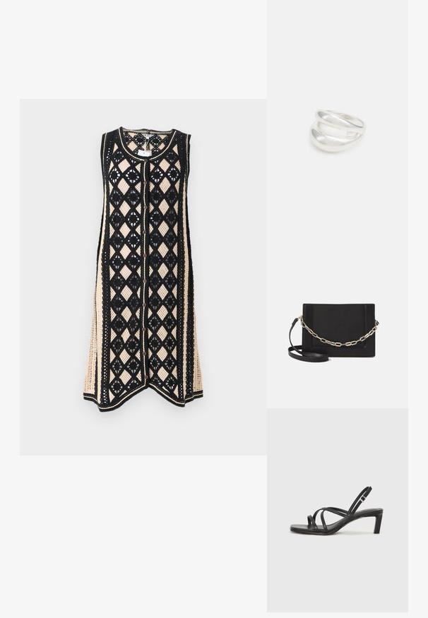Strick ärmelloses Kleid mit einem Rautenmuster; besitzt schwarzes Netz mit beigen Akzenten und vorderen Knöpfen. Die Kanten sind mit einem kontrastierenden Besatz versehen.; Schwarze Sandale mit Riemchen, quadratischer Zehenform und niedrigem Blockabsatz. Verfügt über mehrere dünne Riemen und einen verstellbaren Knöchelriemen. Hergestellt aus glattem Leder.; Schwarze Leder-Crossbody-Tasche mit glatter Textur, rechteckiger Form und metallic-kettendetail auf der Vorderseite. Verstellbarer Gurt inklusive.; Silberner Doppelring mit einer glatten, polierten Oberfläche. Verfügt über ein fließendes, kurviges Design mit überlappenden Abschnitten für einen modernen Look.