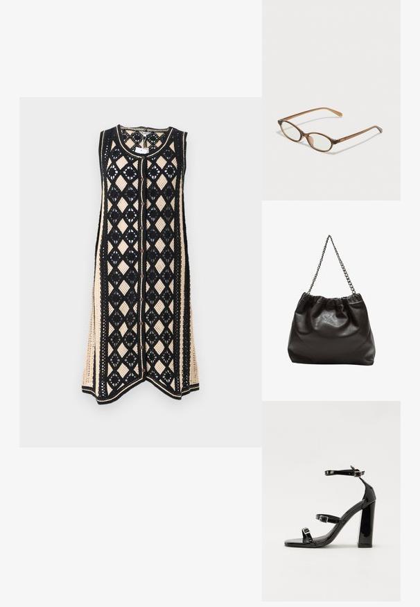 Pleteni haljina bez rukava s dijamantnim uzorkom; sadrži crnu mrežu s bež detaljima i prednjim dugmadima. Rubovi su završeni kontrastnim obrubom.; Crne lakirane sandale na pete sa kvadratnim nosom, trakama oko gležnja i srebrnim kopčama. Imaju čvrst blok petu za stabilnost.; Smeđe skupe naočale s ovalnim lećama, tankim drškama i prozirnim akcentima. Ima suptilan logo na sljepoočnici. Elegantan, lagan dizajn.; Smeđa kožna torba s naboranim vrhom i lančićem za nošenje. Glatka tekstura s sjajnim završetkom i suptilnim šavnim detaljima sa strane.