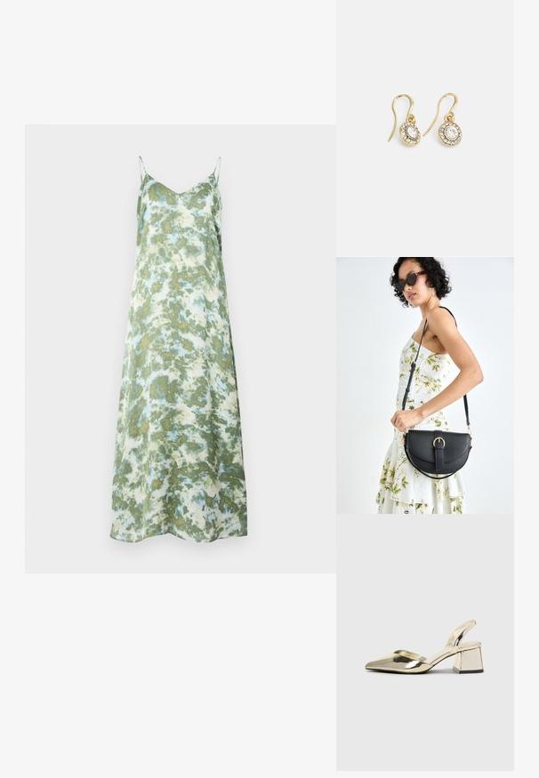 Satin žalia suknelė su šviesiai mėlynomis ir kreminėmis abstrakčiomis struktūromis. Spageti dirželiai ir laisvas, iki kulkšnių siekiantis dizainas. Sklandus paviršius.; Auksiniai, metaliniai slingback aukštakulniai bateliai su smailiu pirštu ir masyviu kulnu. Lygus paviršius, minimalizmo dizainas ir siaura juostelė.; Juodas odinis krepšys su išlenkta forma, nuimamu dirželiu ir auksiniais detalėmis. Krepšys turi kilpą su sagtimi.; Aukso spalvos auskarai su ovalo formos skaidriais kristalais, apjuostais mažesniais skaidriais akmenukais, su kabliuko dizainu, užtikrinančiu saugų dėvėjimą.