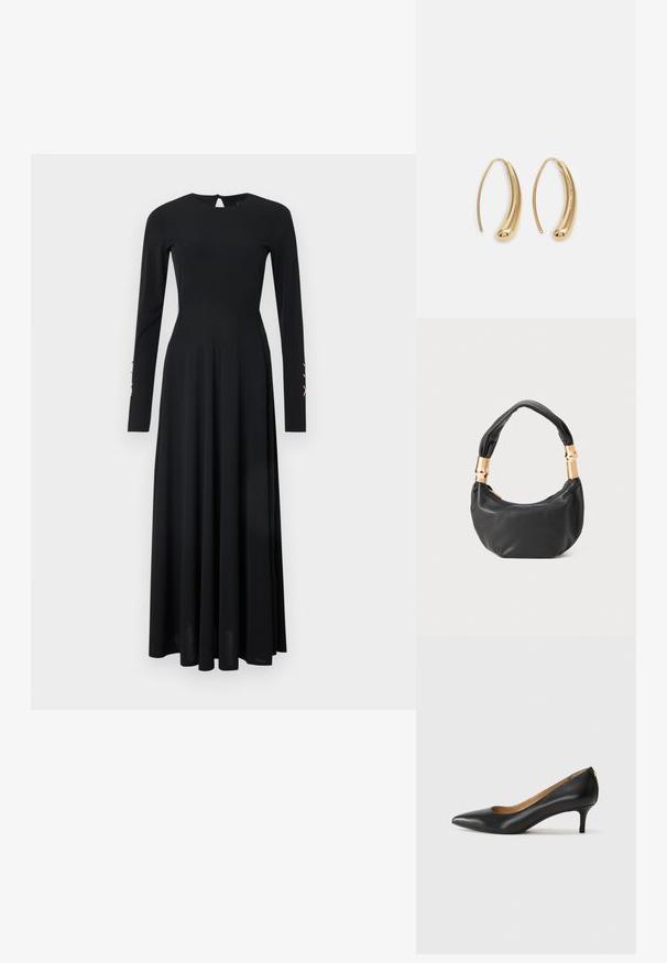 Czarna sukienka z długim rękawem, dopasowanym górnym fasonem, zwiewnym dołem, okrągłym dekoltem i dekoltem w kształcie klucza z tyłu. Posiada dekoracyjne elementy na rękawach.; Czarne skórzane szpilki z wąskim noskiem, niskim obcasem i gładką fakturą. Posiadają lekko otwarte przody i minimalne okucia z tyłu.; Czarna skórzana torebka o okrągłym kształcie, miękkiej fakturze i wiązanym uchwycie z akcentami w złotym odcieniu. Zamek błyskawiczny.; Złote metalowe kolczyki w kształcie obręczy o zakrzywionym, wydłużonym kształcie. Posiadają gładką, błyszczącą powierzchnię oraz zaokrąglony koniec dla dodatkowego efektu.