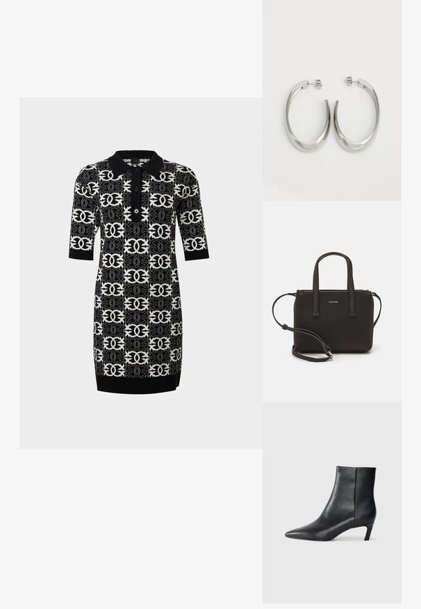 Pletené polo šaty s černo-bílým geometrickým vzorem. Mají krátké rukávy, límeček a tři knoflíky vpředu.; Černá kožená kotníková bota s špičatou špičkou a nízkým podpatkem na světlém jednobarevném pozadí.; Černá kabelka s dvojitými krátkými uchy a odnímatelným ramenním popruhem. Hladký koženkový materiál s uzávěrem na zip a detailem loga.; Stříbrné kruhové náušnice s hladkým, zakřiveným designem. Vyznačují se lesklým kovovým povrchem a zapínáním na patent. Žádné viditelné vzory nebo akcenty.
