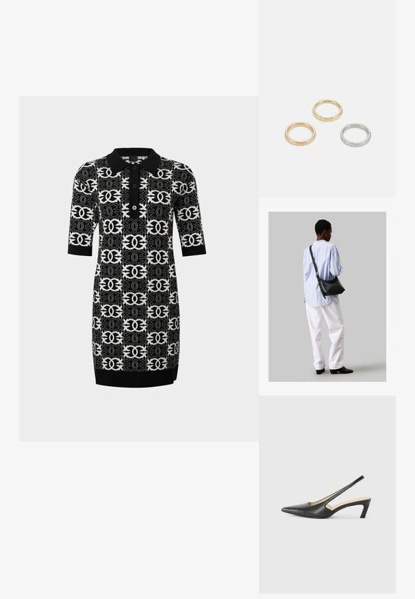 Kootud polo kleit musta ja valge geomeetrilise mustriga. Omab lühikesi varrukaid, kraed ja kolme nuppu ees.; Must mustaga, terav varvas, madala kontsaga sildiga king, mis on valmistatud siledast nahast ja mille küljel on lõike disain hingavuse tagamiseks.; Must have mustras alasi nahkpatsi, pehme tekstuuriga, kolmnurkse kujuga ja reguleeritava rihmaga, koos helesinise triibulise särgi ja valgete pükstega.; Kolme metallist rõngast: üks roosa kuld, üks kuld tekstuursete aktsentidega ja üks hõbe, kõik sisepoolt graveeritud brändinguga.