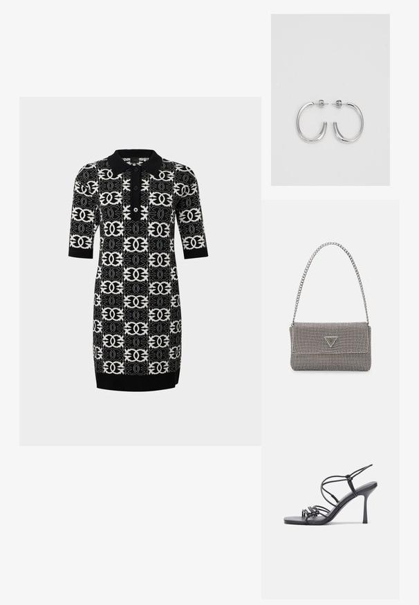 Adīta polo kleita ar melnbaltu ģeometrisku rakstu. Aprīkota ar īsām piedurknēm, apkakli un trim pogām priekšā.; Melnas augstpapēžu sandales ar plāniem siksniņām un mezgla dizainu, gluda kvadrātveida purngalu un elegantu stiletto papēdi.; Gaiši pelēka metāla rokassoma ar ķēdes siksnu, rotāta ar mazām apaļām metāla kniedēm un trīsstūra zīmola logo.; Sudraba riņķveida auskari ar gludu, spīdīgu apdari. Apaļas formas, viegla dizaina, ar aizdari uz stieples.