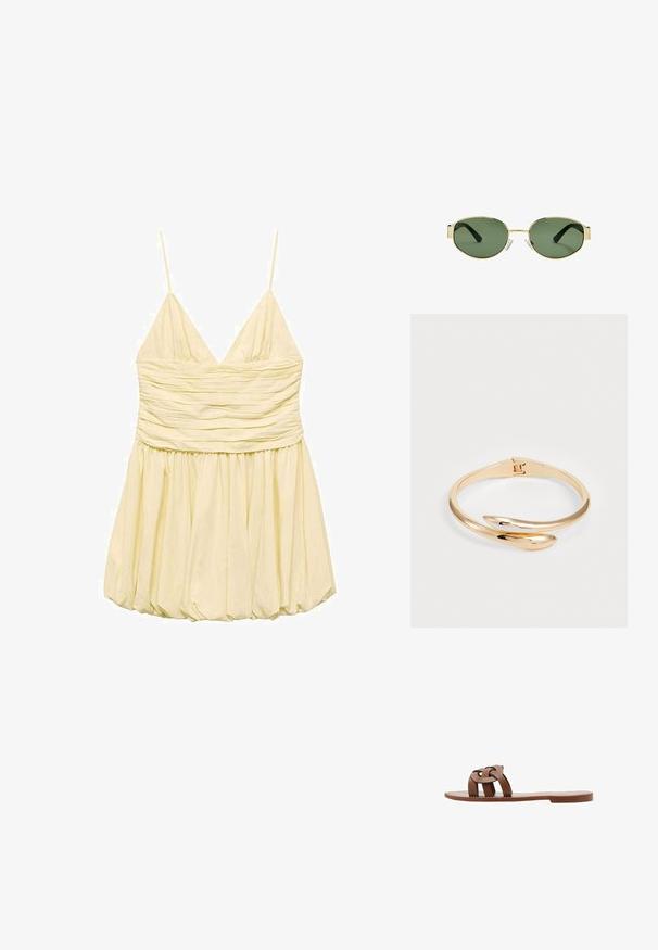Żółta, bezrękawnikowa sukienka z dekoltem w kształcie litery V, marszczoną górą i rozkloszowanym dołem. Wykonana z lekkiego materiału, gładkiej tekstury i podszewki.; Brązowe płaskie sandały wykonane z materiału syntetycznego, z plecionym wzorem na pasku i gładką, płaską podeszwą. Bez obcasa, minimalistyczna estetyka.; Złote okulary przeciwsłoneczne w metalowej oprawie z zielonymi soczewkami, o owalnym kształcie, czarnymi zausznikami i przezroczystymi noskami. Czysty, minimalistyczny design.; Bransoletka z metalu w kolorze złotym o skręconym wzorze. Posiada gładkie wykończenie oraz zapięcie sprężynowe, podkreślające elegancki i nowoczesny styl.