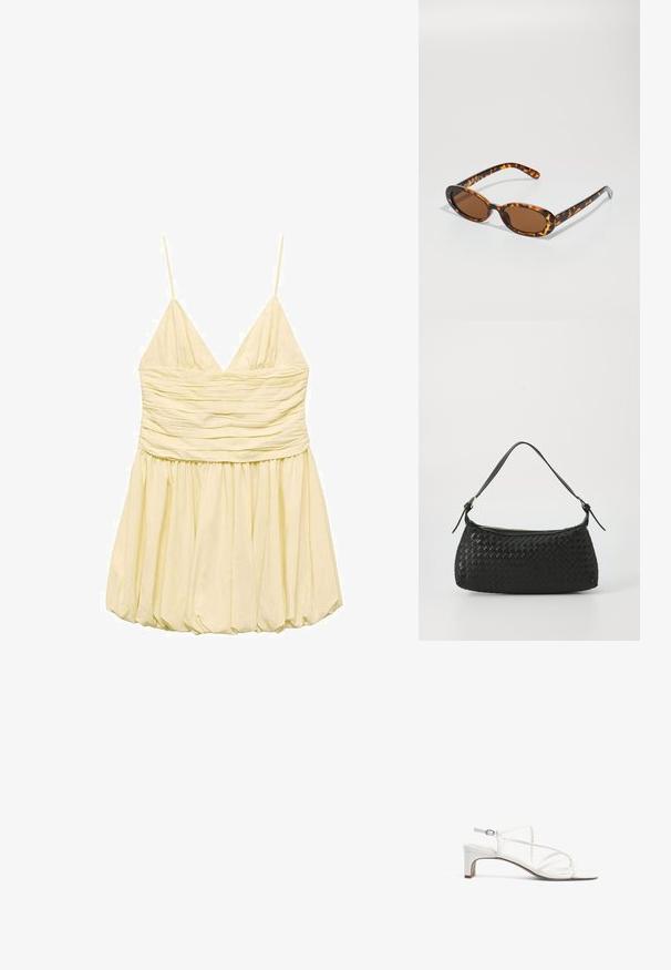 Vestido amarillo sin mangas con escote en V, cuerpo fruncido y falda acampanada. Fabricado en tejido ligero, de textura suave y forro.; Sandalia de tacón blanco con un diseño de tiras delgadas, punta cuadrada y un tacón bajo tipo bloque. Acabado suave con detalle de tira ajustable en el tobillo.; Gafas de sol de carey con montura ovalada, lentes marrones y patas delgadas negras con sutiles acentos de patrón.; Bolso de hombro tejido en negro con una correa de cuero suave y cierre de cremallera. Presenta una superficie texturizada y una forma curvada.