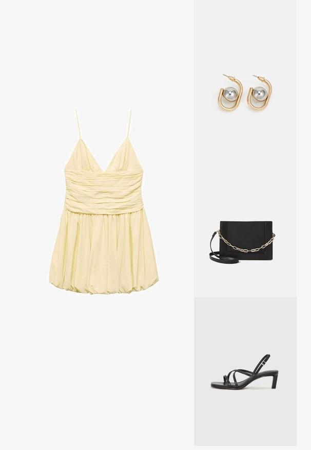 Robe jaune sans manches avec un décolleté en V, corsage froncé et jupe évasée. Fabriquée en tissu léger, à texture douce et avec doublure.; Sandale noire à lanières avec un bout carré et un petit talon bloc. Elle présente plusieurs fines lanières et une sangle de cheville ajustable. Fabriquée en cuir lisse.; Sac bandoulière en cuir noir avec une texture lisse, de forme rectangulaire et un détail en chaîne métallique à l'avant. Sangle réglable incluse.; Boucles d'oreilles dorées avec un design incurvé, semblable à un anneau, mettant en avant un accent sphérique argenté. Fini en métal poli, fermoir à tige.