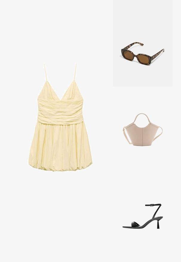 Rochie galbenă, fără mâneci, cu decolteu în V, bust plisat și fustă evazată. Fabricată dintr-un material ușor, cu textură netedă și căptușeală.; Bershka Sandale cu toc - black; Ochelari de soare cu chelă de broască țestoasă, având un cadru rotund și voluminos, cu lentile maro. Prezintă modele subtile și brațe drepte, conice.; Geantă de mână bej din piele cu o formă unică, dotată cu două mânere scurte și o curea lungă ajustabilă. Textură netedă, cu hardware minim.