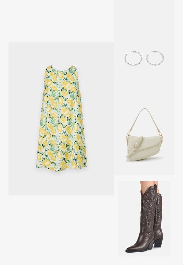 Abercrombie & Fitch TRAPEZE TEXTURE SHORT DRESS - Päevakleit - lemon print; Pruunid nahast cowboy saapad terava varbaga ja plokk-kandaga, millel on detailne tikand ja kergelt tõstetud aktsendid varrel.; Väike kreemjas käekott tekstureeritud viimistlusega, pikendatav rihm, ketiläbimõõt ja klapiga sulgemine. Kuldsed metalldetailid.; Hõbedased rõngaskõrvarõngad keerutatud disainiga, millel on poleeritud viimistlus ja posti-tagune sulgemine. Diameeter umbes 3 cm.