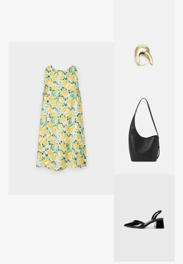 Abercrombie & Fitch TRAPEZE TEXTURE SHORT DRESS - Robe de jour - lemon print; Escarpins en cuir verni noir avec bout pointu et talon bloc géométrique. Présente un design élégant et minimaliste ainsi qu'une texture lisse.; Sac hobo en cuir noir avec une texture lisse, une forme incurvée et une seule sangle réglable ; dispose d'une large ouverture en haut.; Boucle d'oreille en métal doré avec un design élégant et courbé. Présente une forme conique distinctive, une surface polie et une fermeture à charnière.