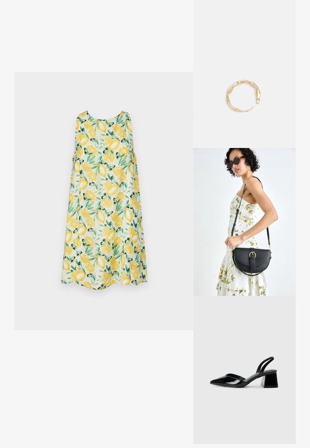 Abercrombie & Fitch TRAPEZE TEXTURE SHORT DRESS - Dienas kleita - lemon print; Melna lakota āda ar atvērto papēdi, ar smailu purngalu un ģeometrisku blokpapēdi. Iezīmējas elegants, minimāls dizains un gluda tekstūra.; Melnas ādas rokassoma ar izliekta formu, noņemamu siksnu un zelta aksesuāriem. Somai ir vāciņš ar sprādzes detaļu.; Zelta toņa gredzens ar organisku, vērptu dizainu, gludu virsmu un sašaurinātiem galiem, radot mūsdienīgu, skulpturālu izskatu.