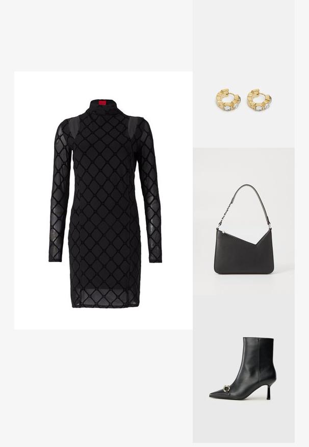 Czarna sukienka z długimi rękawami, ozdobiona wzorem w kształcie rombu i przezroczystym materiałem. Wysoki dekolt i dopasowany krój podkreślają sylwetkę.; Czarny skórzany botek za kostkę z szpiczastym noskiem, smukłym średnim obcasem i srebrnym zapięciem po boku na jednolitym tle.; Czarna skórzana torebka o trójkątnym kształcie, z cienkim paskiem i srebrnymi elementami. Posiada zamek błyskawiczny oraz wytłoczone logo z przodu.; Złote kolczyki w kształcie obręczy z teksturowanym fasonem i trzema przezroczystymi kryształkami po jednej stronie, oferujące nowoczesną, geometryczną estetykę.