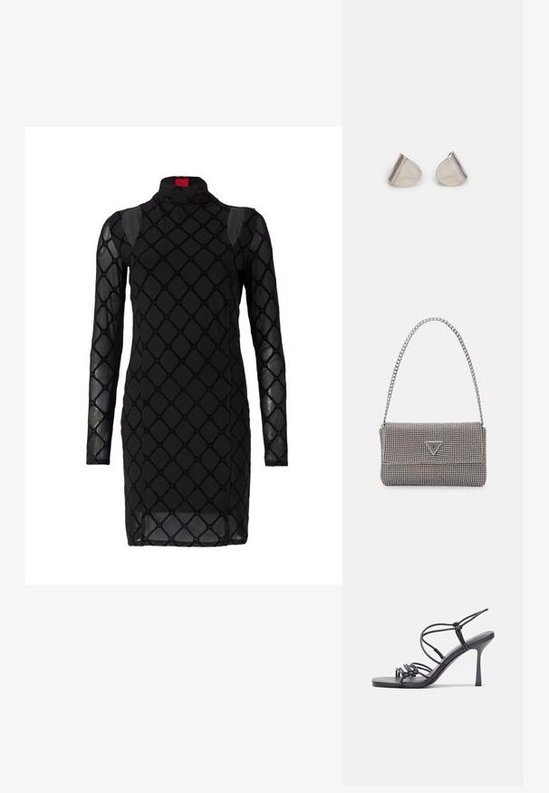 Juoda suknelė ilgomis rankovėmis, su deimanto formos raštu ir permatomu audiniu. Aukštas iškirpimas ir prigludęs dizainas pabrėžia siluetą.; Juodos aukštakulnės sandalai pasižymi plonyčiais dirželiais su mazgo dizainu, lygiu kvadratiniu pirštu ir elegantišku stiletto kulnu.; Šviesiai pilka metalinė rankinė su grandinėlės dirželiu, papuošta mažais apvaliais metaliniais smeigėmis ir trikampiu prekės ženklu.; Sidabriniai metaliniai auskarai su lygiu, ašaros formos dizainu ir blizgiu paviršiumi. Subtilūs raižiniai prideda detalumo. Minimalistinis dizainas.