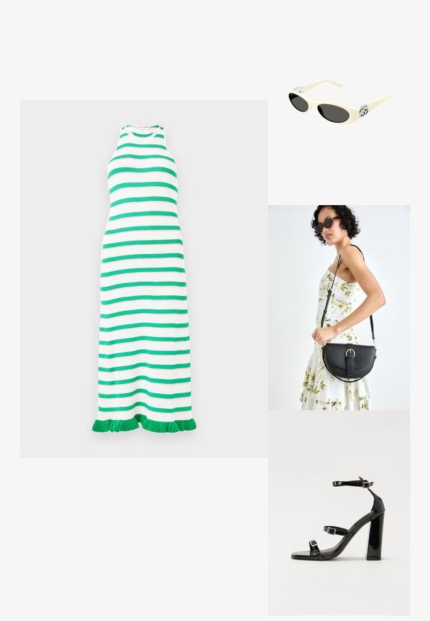 Pruhované šaty s alternujícími zelenými a bílými horizontálními pruhy, vyrobené z ribbovaného materiálu, s třásněmi na spodním lemu a bez rukávů.; Černé lakované sandály na vysokém podpatku se dvěma pásky se sponami, čtvercovou špičkou a robustním blokovým podpatkem, s hladkou, lesklou texturou.; Námořnické sluneční brýle krémové barvy s oválnými skly, černým zabarvením a kovovými logovými akcenty na spáncích. Hladký povrch, design ve stylu kočičích očí.; Černá kožená kabelka s křivkovým tvarem, odnímatelným popruhem a zlatými detaily. Kabelka má klopu s přezkou.