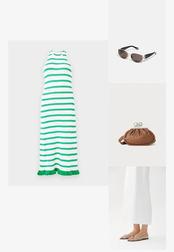 Svītrainas kleitas ar mainīgām zaļām un baltām horizontālām svītrām, kas izgatavota no ribota auduma, ar frēzētu apakšmalu un bez piedurknēm.; Beige ādas sandales ar krustveida siksniņu dizainu un melnu zoli, ar atvērtu purngali un siksniņu aiz papēža. Iestatītas uz baltas fona.; Melnas un zelta saulesbrilles ar šauru, ovālu rāmjiem, tumšiem stikliem un dekoratīvu aparatūru pie tempļiem. Viegls un elegants dizains.; Brūna ādas clutch soma ar sudraba poga aizdari un nelielu sudraba ķēdes detaļu uz baltā fona.