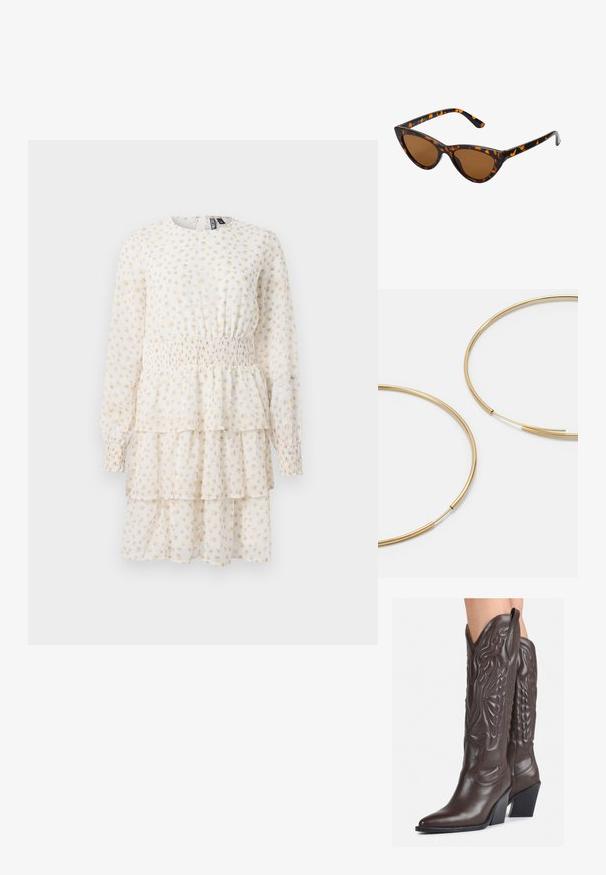 Šviesiai grietinėlės spalvos sluoksniuota suknelė su mažais smėlio spalvos gėlių raštais. Turi ilgas rankoves ir smockintą juosmenį, suteikiantį figūrą pabrėžiantį siluetą.; Rudos odinės kaubojaus batai su smailiu priekiu ir blokuotu kulnu, pasižymintys detaliu siuvinėjimu ir iškiliais akcentais ant ašies.; Katės akies saulės akiniai su juodu ir oranžiniu šarvuotu rėmeliu, ruda objektyvu ir elegantiškais, smailiais galiukais. Rėmelyje yra minimalus logotipas ant šventės.; Aukso spalvos žiedo auskarai, ploni ir apvalūs, su lygiu metaliniu paviršiumi be papuošimų ar raštų.