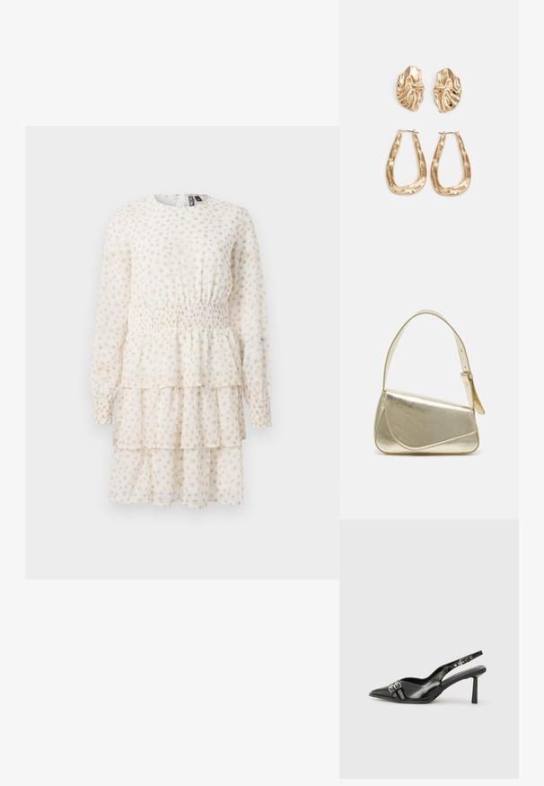 Kārtota kleita gaiši krēmkrāsā ar mazu bežīgu ziedu rakstu. Dažādas garās piedurknes un smockēta jostasvieta, kas nodrošina pieguļošu formu.; Melnā patentēta ādas sandale ar norādītu purngalu, potītes siksniņām ar sudraba sprādzēm un aparatūru, kā arī smalku papēdi.; Zelta metāla somiņa ar strukturētu dizainu, gludu tekstūru un regulējamu siksniņu. Iezīmējas ar unikālu trīsstūrveida formu un minimālistisku šuvumu.; Zelta krāsas auskari ar teksturētām, viļņotām formām. Iekļauts skulpturāls piespraužams modelis un atvērta gredzenveida konstrukcija ar izsistām virsmām.