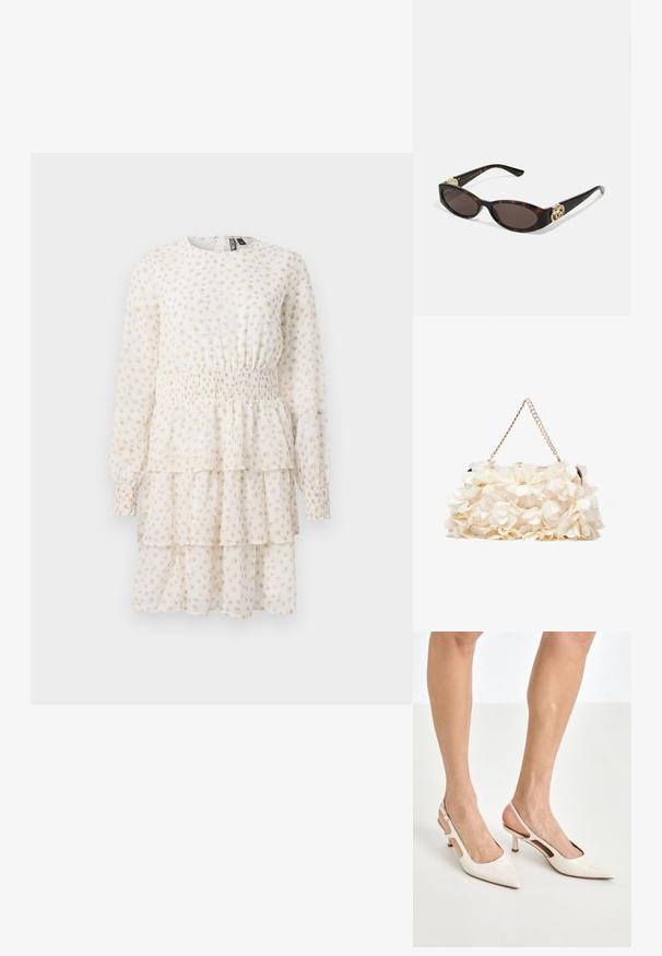 Réteges ruha világos krém színben, apró bézs virágmintával. Hosszú ujjakkal és ráncolt derékrésszel rendelkezik, amely karcsúbb alakot kölcsönöz.; Beige patent bőr slingback magassarkúk hegyes orral és 5 cm-es sarokkal, kivágott oldalakkal és vékony bokapánttal.; Tortából készült napszemüveg, hosszúkás ovális lencsékkel, barna színű árnyalattal, arany logóval a fülkagylón, és karcsú fekete szárakkal.; Fehér virágmintás kézitáska gyűrt szövet felülettel, aranyszínű lánccal és fémetaljzattal. Textúrázott szirmokkal készült a részletesebb megjelenés érdekében.