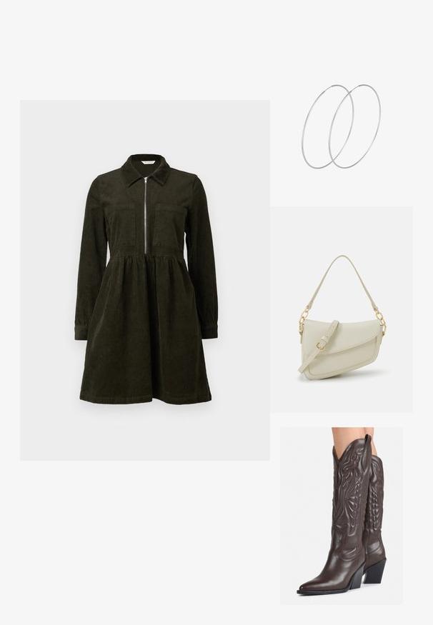 Kordklänning, mörkgrön, dragkedja fram, krage, långa ärmar, midjesöm, utsvängd kjol, två bröstfickor. Mjuk textur och ribbat mönster.; Bruna lädercowboystövlar med spetsig tå och klossklack, med detaljerad sömnad och upphöjda accenter på skaftet.; Liten gräddfärgad handväska med en strukturerad finish, en lång justerbar rem, en kedjedetalj och en klaffstängning. Guldfärgad hårdvara.; Silverfärgade hoopörhängen med en minimalistisk design. Cirkulär form, slät yta och tunn profil. Lätta med en polerad finish.
