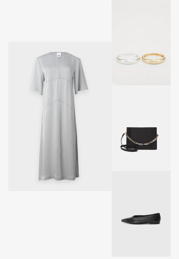 Lys grå midi-kjole laget av glatt stoff, med korte ermer, rund hals og diagonale sømdetaljer for et strukturert utseende.; Sorte lærballerina med spiss tå, minimalistisk design, glatt tekstur, lav hæl uten synlig metall eller dekorasjoner.; Svart lær crossbody-veske med glatt tekstur, rektangulær form og metallkjede detaljer på framsiden. Justerbar stroppe inkludert.; Zign 2 PACK - Armbånd - gold-coloured/silver-coloured