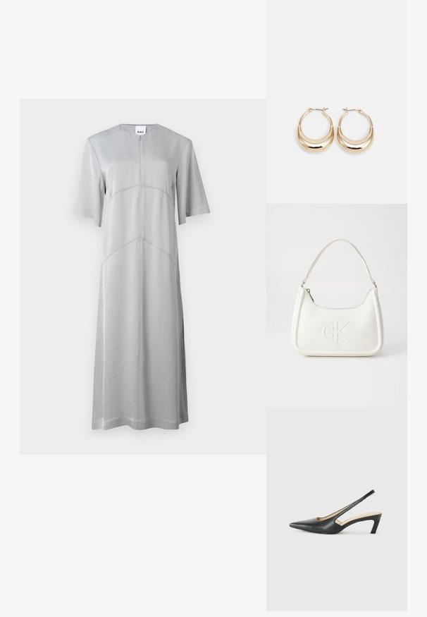 Svetlosivá midi šaty vyrobené z hladkej tkaniny, s krátkymi rukávmi, okrúhlym výstrihom a diagonálnym švom pre štruktúrovaný vzhľad.; Čierne slingback topánky s ostrou špičkou a nízkym opätkom, vyrobené z hladkej kože a s výrezmi na boku pre lepšiu priedušnosť.; Biela kožená kabelka s zakriveným tvarom, na prednej strane s embosovaným logom "CK" a jedným ramenným popruhom. Zipsové zapínanie navrchu.; Zlaté kruhové náušnice s polmesiacovým tvarom, lešteným povrchom a pántovým uzáverom. Hladká textura a reflexný lesk zvyšujú viditeľnosť.