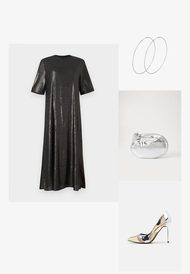 Crna haljina s cirkonima, kratkih rukava, okruglog izreza i slobodnog kroja. Ima dugu dužinu i blage bočne proreze za lakši pokret.; Cipele s visokom potpeticom i špicastim vrhom u srebrnoj, zlatnoj i nude boji. Sjajan finiš s izrezbarenim dizajnom, s potpeticom u obliku stiletto.; Srebrna metalik torbica s mekim, zaobljenim oblikom i čvorastim zatvaranjem na vrhu. Izrađena od glatke sintetičke kože.; Srebrne okrugle naušnice s minimalističkim dizajnom. Kružni oblik, glatka tekstura i tanak profil. Lagane s poliranim završetkom.