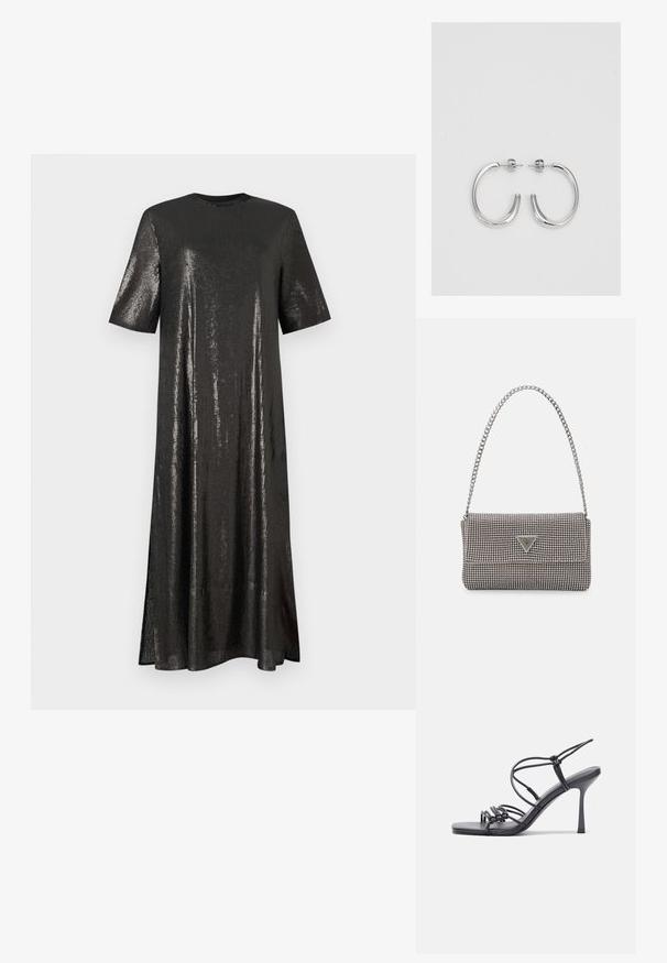 Juodas blizgučiais siuvinėtas suknelė su trumpomis rankovėmis, apvaliu dekoltė ir laisva forma. Turi ilgą ilgį ir šiek tiek šoninių skaidrių judėjimui.; Juodos aukštakulnės sandalai pasižymi plonyčiais dirželiais su mazgo dizainu, lygiu kvadratiniu pirštu ir elegantišku stiletto kulnu.; Šviesiai pilka metalinė rankinė su grandinėlės dirželiu, papuošta mažais apvaliais metaliniais smeigėmis ir trikampiu prekės ženklu.; Sidabrinės auskarai žiedai su lygiu, blizgiu paviršiumi. Suapvalinta forma, lengvas dizainas, su uždarymu ant smeigtuko.