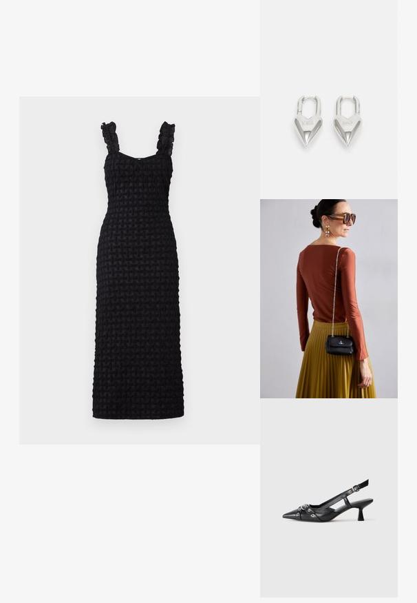 Hofmann Copenhagen CELESTE - Kotelomekko - black; Mustat nahkakengät, joissa on avonainen takaosa ja kärjessä terävä muoto, koristevyöt, joissa on metalliset reiät, sekä matala lohkoepohja. Teksturoitu pinta.; Vivienne Westwood SMALL PURSE CHAIN - Olkalaukku - black; Hopeakuvioiset sydämen muotoiset rakkaussulkeet, joissa on kaiverrettu "KYLLÄ" ja "EI" -tekstit, kiiltävä pinta, symmetrinen muotoilu ja kestävä metalliovi.