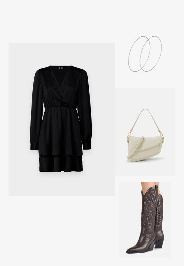 Črna obleka z zavihkom z dolgimi rokavi, teksturirana tkanina, definirano pasu in plasten hem. Ima globok V-izrez in z gumbi zapete manšete.; Rjave usnjene kavbojske čevlje z ostrim nosom in blok peto, ki vsebujejo podrobno šivanje in dvignjene dodatke na zgornjem delu.; Mala kremna torbica z teksturiranim zaključkom, dolgim nastavljivim trakom, verižnim poudarkom in zapiranjem na poklop. Detajli iz zlatega kovinskega materiala.; Srebrne uhane v obliki obroča z minimalističnim dizajnom. Krožna oblika, gladka tekstura in tanek profil. Lahki s poliranim zaključkom.