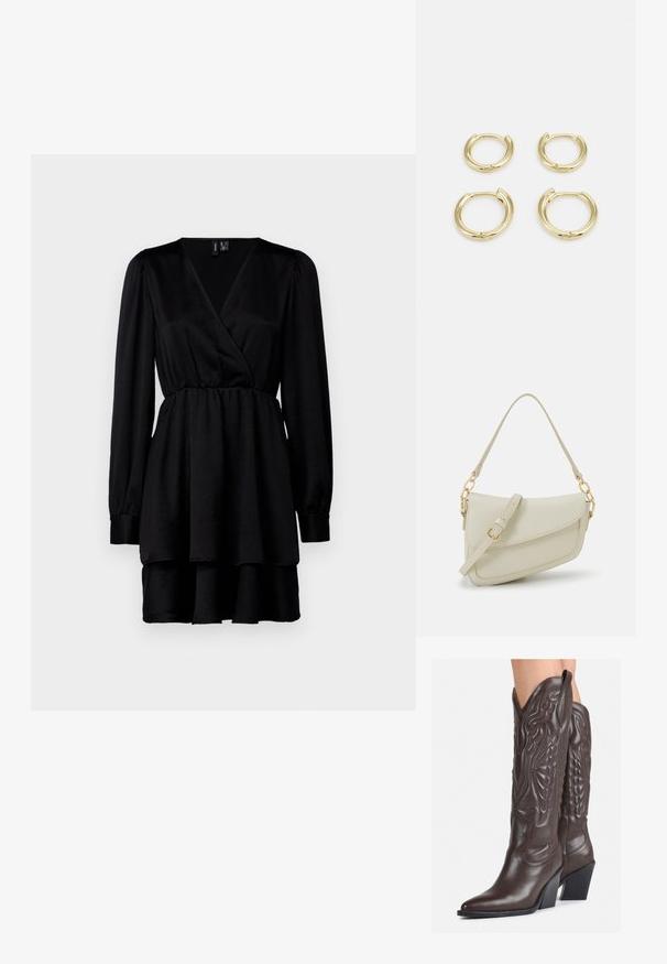 Juoda aptempta suknelė ilgomis rankovėmis, tekstūruotas audinys, aiškiai apibrėžta talija ir sluoksniuota sijono dalis. Turi gilią V formos iškirptę ir sagų apyrankes.; Rudos odinės kaubojaus batai su smailiu priekiu ir blokuotu kulnu, pasižymintys detaliu siuvinėjimu ir iškiliais akcentais ant ašies.; Mažas kreminis rankinukas su tekstūruotu paviršiumi, ilga reguliuojama juostele, grandinėle ir užsegimu su atvartu. Aukso detalės.; Auksiniai kabančių auskarai, keturios dalys, lygi apdaila, suapvalinta forma, įvairių dydžių, su pasukamu užsegimu, kad būtų lengva dėvėti.