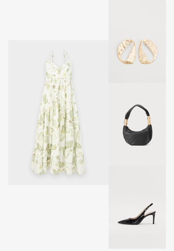 Maxi šaty z ľahkej látky s kvetinovým vzorom v zelených a žltých odtieňoch, s hlbokým výstrihom a stratifikovaným volánovým lemom.; Čierne lakované kožené slingback lodičky s špicatou špičkou, štíhlým podpätkom a jemným výrezom. Obsahuje zlatú pracku na remienku.; Čierna kožená kabelka s guľatým tvarom, príjemnou textúrou a uzlíkovou rukoväťou s akcentmi zlatého tónu. Zipsové uzatvorenie.; Pár nepravidelných oválnych zlatistých kovových náušníc s textúrovaným, mierne rozbitým povrchom na bielom pozadí.
