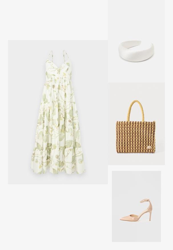 Maxi kleita no viegla auduma ar ziedu rakstu zaļās un dzeltenās krāsās, ar V veida kakla izgriezumu un kārtainu ķēpīgu apakšmali.; Nude patentēta ādas kurpe ar noraksta siksnu un stiletto papēdi, ar gludu virsmu un minimālistisku dizainu.; Auduma soma brūnā un dzeltenā krāsā, ar taisnstūra formu, divām rokturu siksnām un teksturētu apdari ar redzamām šuvēm un zīmola birku.; Loeffler Randall BELLAMY OVERSIZE HEADBAND - Matu veidošanas piederums - cream