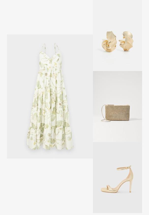 Kergekangast maxi kleit, millel on rohelise ja kollase varjundiga lillemuster, v-kaelus ja kihiline ripsmetäis.; Kuldne metallik kõrge kontsaga sandaal avatud varbaga, pahkluu rihm luku ja platvormiga, et lisada kõrgust. Sile tekstuur.; Loeffler Randall YASMINE FLAT CLUTCH - Ülerinna-kott - gold; Tekstuuriga kuldse tooni metallkõrvarõngad skulpturaalse, spiraalse kujundusega. Omavad siledat pinda ja valguse peegeldavaid kõverusi.