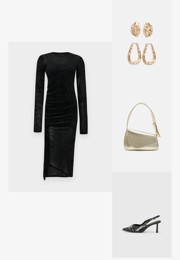 Dolga črna sametasta obleka z dolgemi rokavi, ki ima prilegajočo silhueto, nagubane stranske detajle in razporek na robu. Vsebuje gumbe kot okras na eni strani.; Črne patentne usnjene sandale s koničastim nosom, zankami okoli gležnja s srebrnimi sponkami in opremo ter vitkimi petami.; Zlata metalna torbica z urejenim dizajnom, gladko teksturo in nastavljivim trakom. Ima edinstveno trikotno obliko in minimalistično šivanje.; Zlato obarvani uhani z teksturiranimi, valovitimi oblikami. Vključujejo skulpturalne sponke za ušesa in odprto obliko obročka s kladivastim finišem.