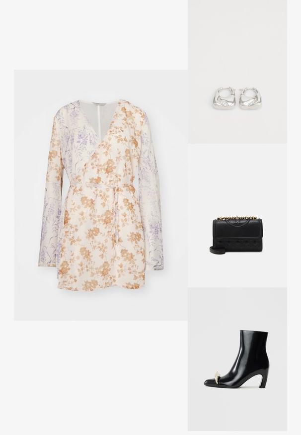 Ziedu apģērbs ar garām piedurknēm, bēša pamatne ar oranžiem un violeciem ziedu rakstiem, un josta viduklī. Gaisma auduma.; Melnas potītes zābaki, izgatavoti no spīdīgas ādas, ar smailu purngalu un dekoratīvu zelta un sudraba akcentu priekšpusē. Bloka papēža dizains.; Melna ādas rokassoma ar quilted dizainu. Tai ir zelta ķēdes siksna un atloka aizdare, uz kuras ir izcelts logotips uz priekšpuses.; Sudrabotas auskari ar gludu, noapaļotu dizainu un viļņainu akcentu, kas rotāts ar maziem, caurspīdīgiem rhinestones gar vienu malu.