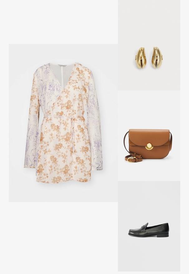 Rochie înflorită, cu mâneci lungi, bază bej cu modele de flori portocalii și purpurii, și un cordon la talie. Material ușor.; Mocassiini din piele neagră cu vârf rotund, detalii cu cusături înălțate și un toc mic cu talpă stivuită. Textură netedă cu un luciu subtil.; Geantă din piele maro, tip crossbody, cu margini rotunjite, închidere cu clapetă magnetică și accesorii aurii. Curea ajustabilă pentru versatilitate.; Cercei aurii cu un design curbat și fluid. Fiecare cercei are o suprafață netedă și un mic sistem de prindere cu un detaliu decorativ.