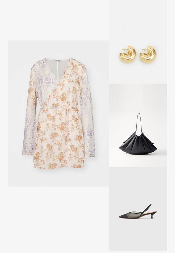 Vestido envolvente floral con mangas largas, base beige con patrones de flores naranjas y moradas, y un cinturón anudado en la cintura. Tejido ligero.; NEOUS IRENA - Tacones - black; Bolso negro plisado hecho de cuero suave, con un solo asa, detalles en dorado y una forma geométricamente estructurada.; Pendientes de aro de metal dorado con un diseño curvado y brillante. Presentan una forma de media luna con superficies suaves y cierre de presión en la parte posterior.