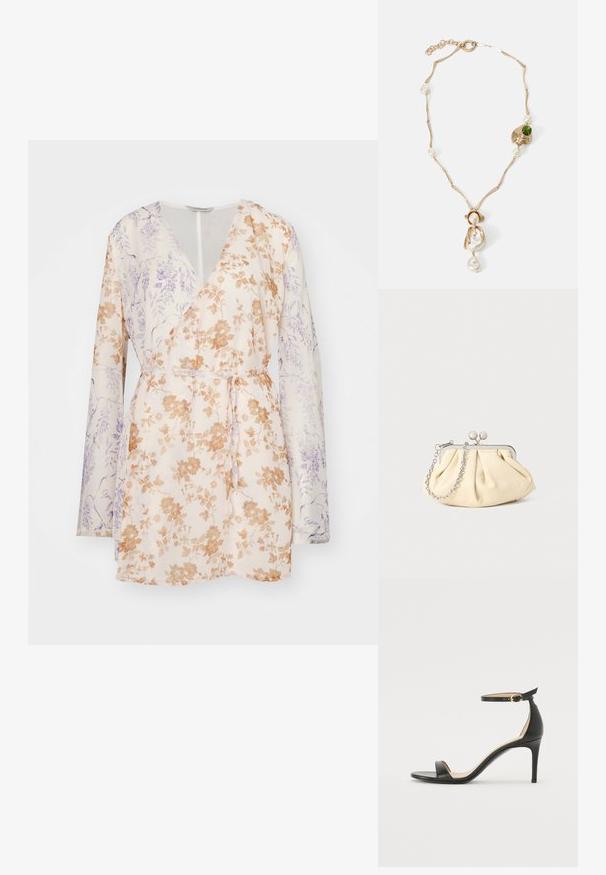 Floral wrap dress featuring long sleeves, beige base with orange and purple flower patterns, and a tie belt at the waist. Lightweight fabric.; Black leather high-heeled sandal with an ankle strap. Features a smooth texture, open toe, and a thin heel. Gold-toned buckle detail.; Pleated beige leather clutch with a silver metal frame, featuring two round decorative clasps and a silver chain strap.; Gold-tone necklace with twisted links, white pearls, and a green stone accent. Features intricate details and a clasp for fastening.