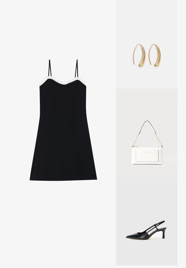 Vestiço preto com alças finas, corpete ajustado e bainha expandida. Abertura em renda branca ao longo do decote. Tecido suave e leve.; Salto slingback em patente preta com bico apontado, apresentando um padrão de pele de cobra texturizado, tira ajustável e um salto bloco curto e texturizado.; Bolsa de mão branca em couro com acabamento texturizado, featuring a corrente dourada e detalhes pretos. Inclui um bolso frontal e fecho com zipper.; Brincos em metal dourado com forma de arco alongado e curvado. Apresentam uma superfície lisa e brilhante, com uma ponta arredondada para um detalhe adicional.