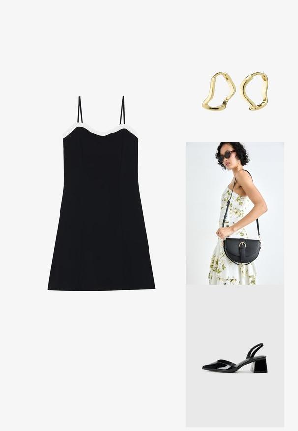 Must mustriga mustri, hästi istuv kehaosa ja laienev allosa. Valge volangiline ääris kaeluses. Sile ja kerge kangas.; Mustad musta lakknahk kingad, millel on terav varvas ja geomeetriline plokkkonts. Omab elegantselt minimalistlikku disaini ja sujuvat tekstuuri.; Mustmust mustraha kõverate joontega, eemaldatava rihmaga ja kuldsete detailidega. Kotil on klapp, millel on pandladetail.; Kuldse sõrmused voolava, lainevormilise kujundusega. Sile tekstuur, avatud kuju ja nähtamatud kinnitused. Minimalistlik ja kaasaegne välimus.